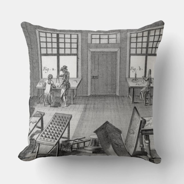 A furniture inlayer's workshop, from the 'Encyclop Cushion (Front)