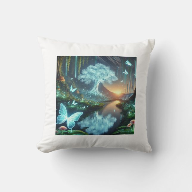 A Futuristic World Where Nature and Technology Cushion (Front)