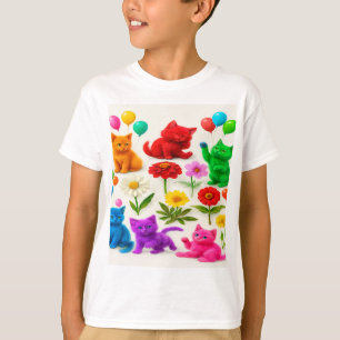 A Garden of Whimsy: Cats & Colorful Roses Fantasy T-Shirt