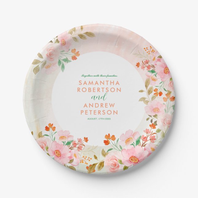 A Garden Romance: Pink & Green Watercolor Wedding Paper Plate (Front)