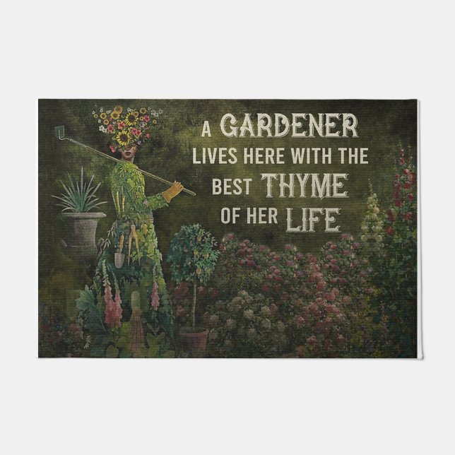 A Gardener Lives Here Mat, Garden Decor Gift Doormat (Front)