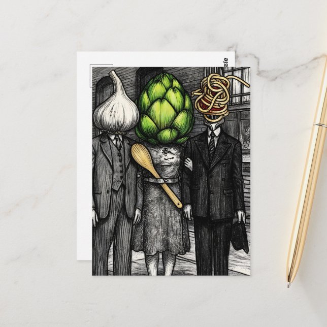 A garlic, an artichoke, and a spaghetti fork funny postcard (Front/Back In Situ)