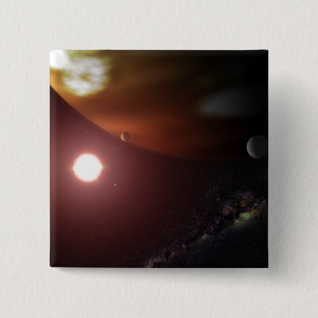 A gas giant planet orbiting a red dwarf star 15 cm square badge (Front)