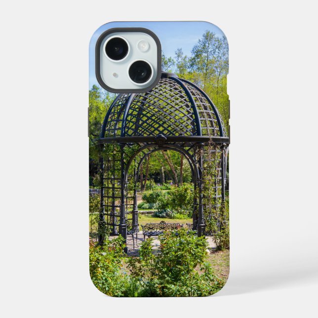 a gazebo in a gorgeous garden landscape iPhone 15 case (Back)