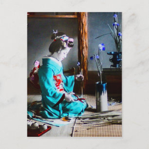A Geisha Arranging Iris Flowers Vintage Old Japan Postcard