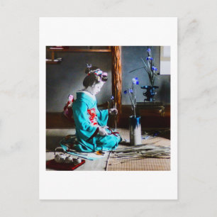 A Geisha Arranging Iris Flowers Vintage Old Japan Postcard