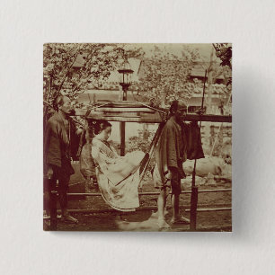 A Geisha being carried in a litter (sepia photo) 15 Cm Square Badge