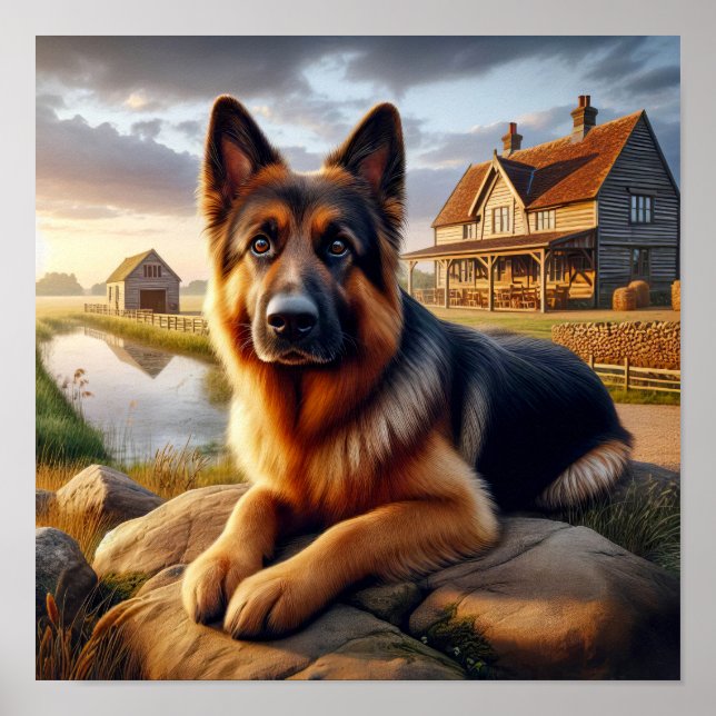 A German Shepherd in a Rustic Countryside Setting Poster (Front)