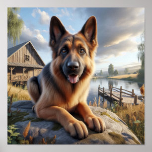A German Shepherd in a Rustic Countryside Setting Poster