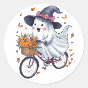 A ghost riding a bicycle classic round sticker