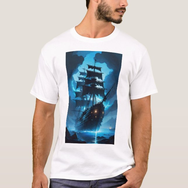a ghost ship, a pirate ship, a foggy ship, the Fly T-Shirt (Front)