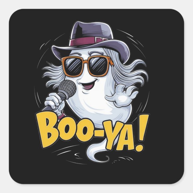 A ghost wearing sunglasses and holding a microphon square sticker (Front)