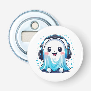 A ghost with headphones on bottle opener