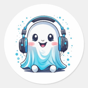 A ghost with headphones on classic round sticker