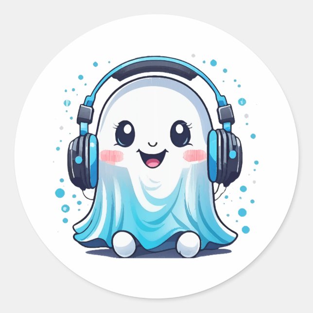 A ghost with headphones on classic round sticker (Front)