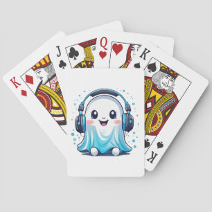 A ghost with headphones on playing cards