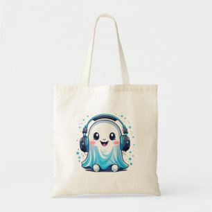 A ghost with headphones on tote bag