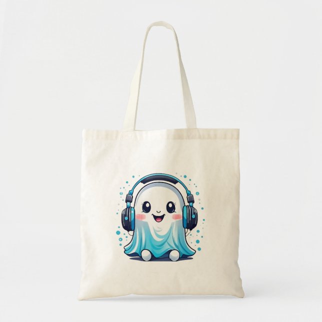 A ghost with headphones on tote bag (Front)