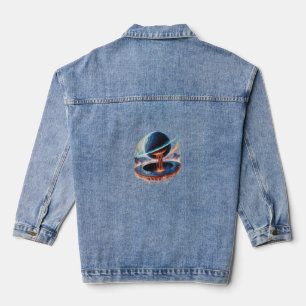 A giant cracked planet with lava flowing into a bl denim jacket