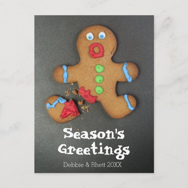 A gingerbread man looking shocked postcard (Front)