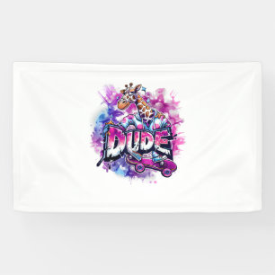 A Giraffe Wearing Pyjamas And Riding A Skateboard  Banner