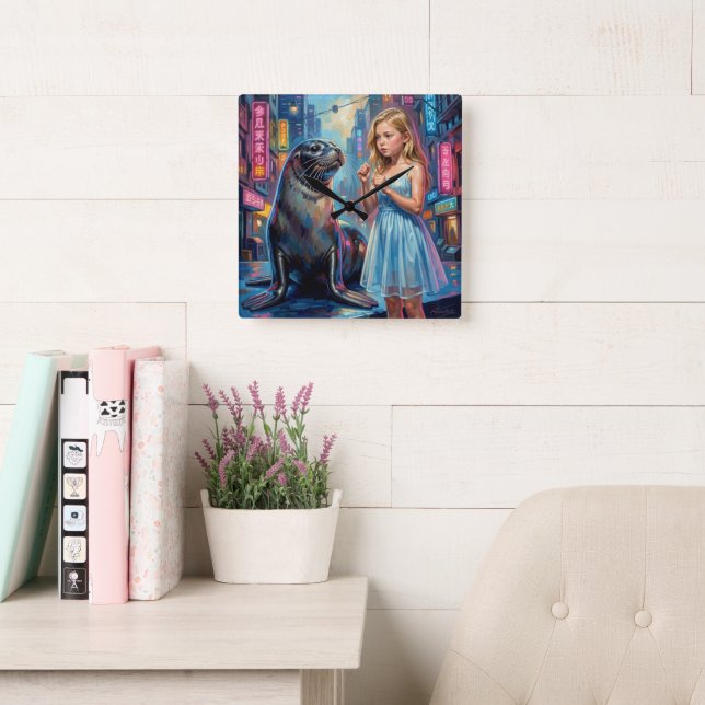A girl and a seal. square wall clock (Reading Room)