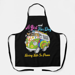 A Girl And Her Dog Living Life in Peace Sign Bus T Apron