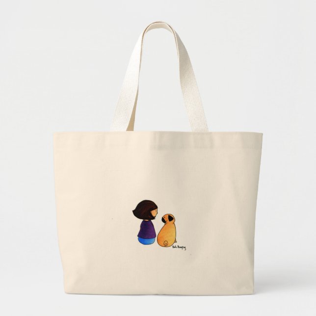 A Girl and Her Pug (brunette) Large Tote Bag (Front)