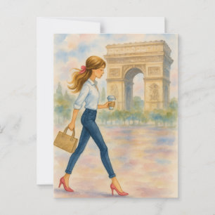 A girl and the Arc de Triomphe Scene Paris Postcard
