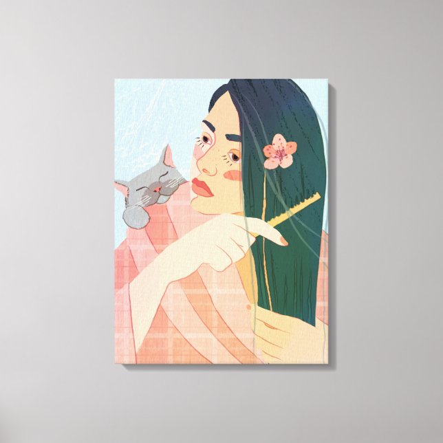 a girl combs her long hair canvas print (Front)