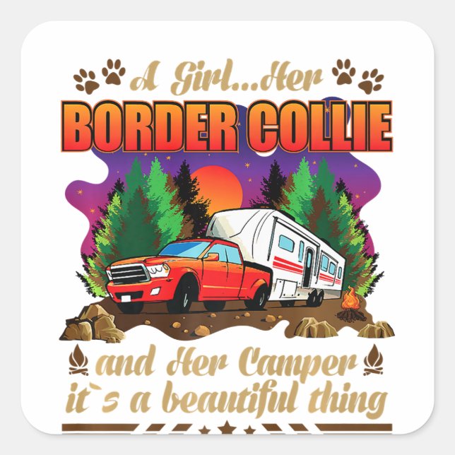 A Girl Her Border Collie and Her Camper Dog Lovers Square Sticker (Front)