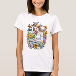 A Girl, Journal, Butterflies and Flowers T-Shirt