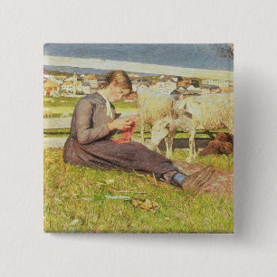 A Girl Knitting, 1888 (oil on canvas) 15 Cm Square Badge