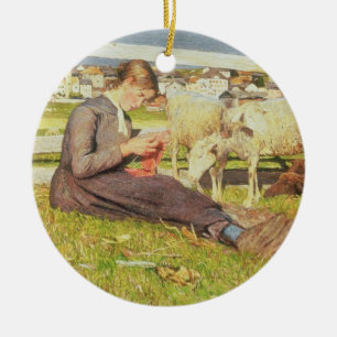 A Girl Knitting, 1888 (oil on canvas) Ceramic Tree Decoration