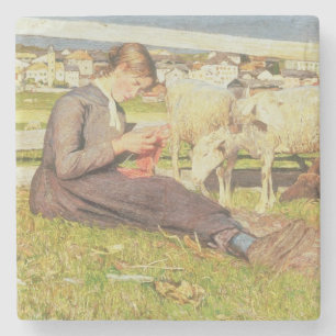 A Girl Knitting, 1888 (oil on canvas) Stone Coaster