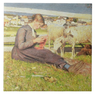 A Girl Knitting, 1888 (oil on canvas) Tile