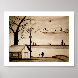 A Girl Lonely on the Bench Sunset Sketching. Poster