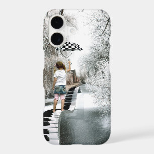 A girl on the road from a piano in a winter idyll