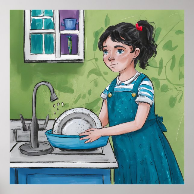 A girl washing dishes in a green kitchen. poster (Front)