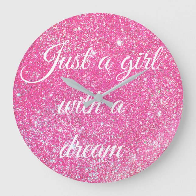 A GIRL WITH A DREAM Sparkle Hot Pink Glitter Large Clock (Front)