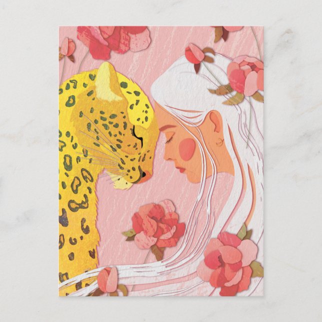 a girl with a leopard postcard (Front)