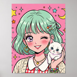 A girl with a lovely wink and a cute kitten poster