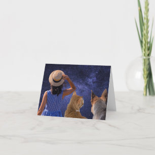 A girl with cat and dog looking at space lumbar pi thank you card