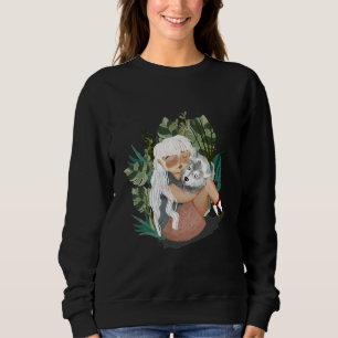 A Girl With White Hair Hugging A Husky Sweatshirt