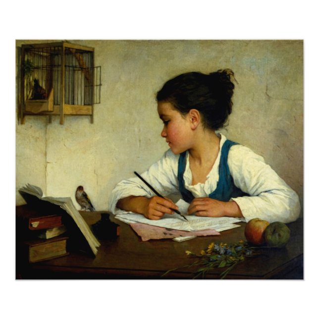 A Girl Writing, Pet Goldfinch by Henriette Browne Photo Print (Front)
