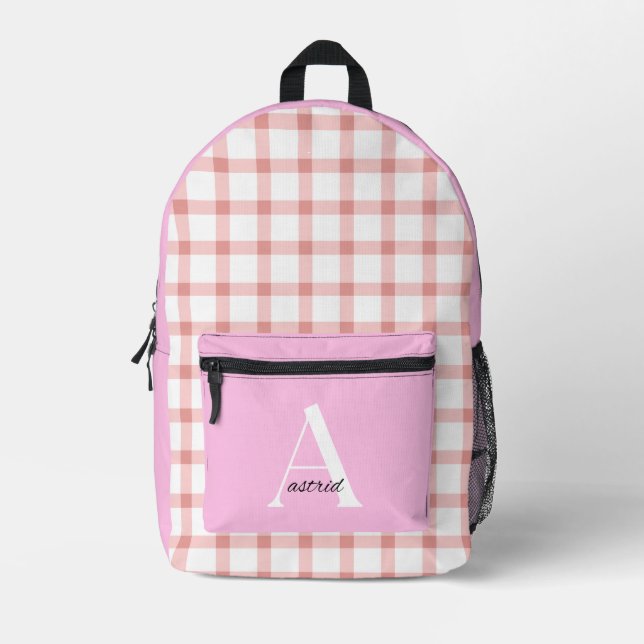 A Girl's Personalized Pink Gingham Monogram  Printed Backpack (Front)