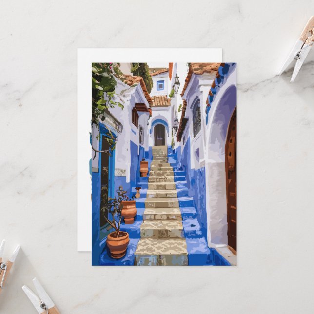 A Glimpse Back: Chefchaouen's Vintage Treasures Invitation (Front/Back In Situ)