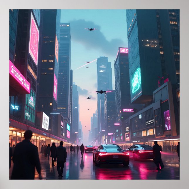 A Glimpse into the Futuristic Cityscape AI Poster (Front)