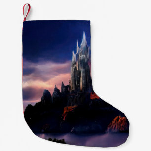 A gloomy fairy-tale castle on a mountain among the small christmas stocking