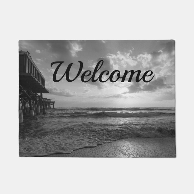A Glorious Beach Morning Grayscale Welcome Doormat (Front)